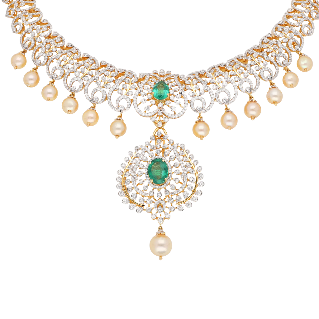 Gold and Diamond Choker Necklace with a Central Emerald Drop and Pearl Drops