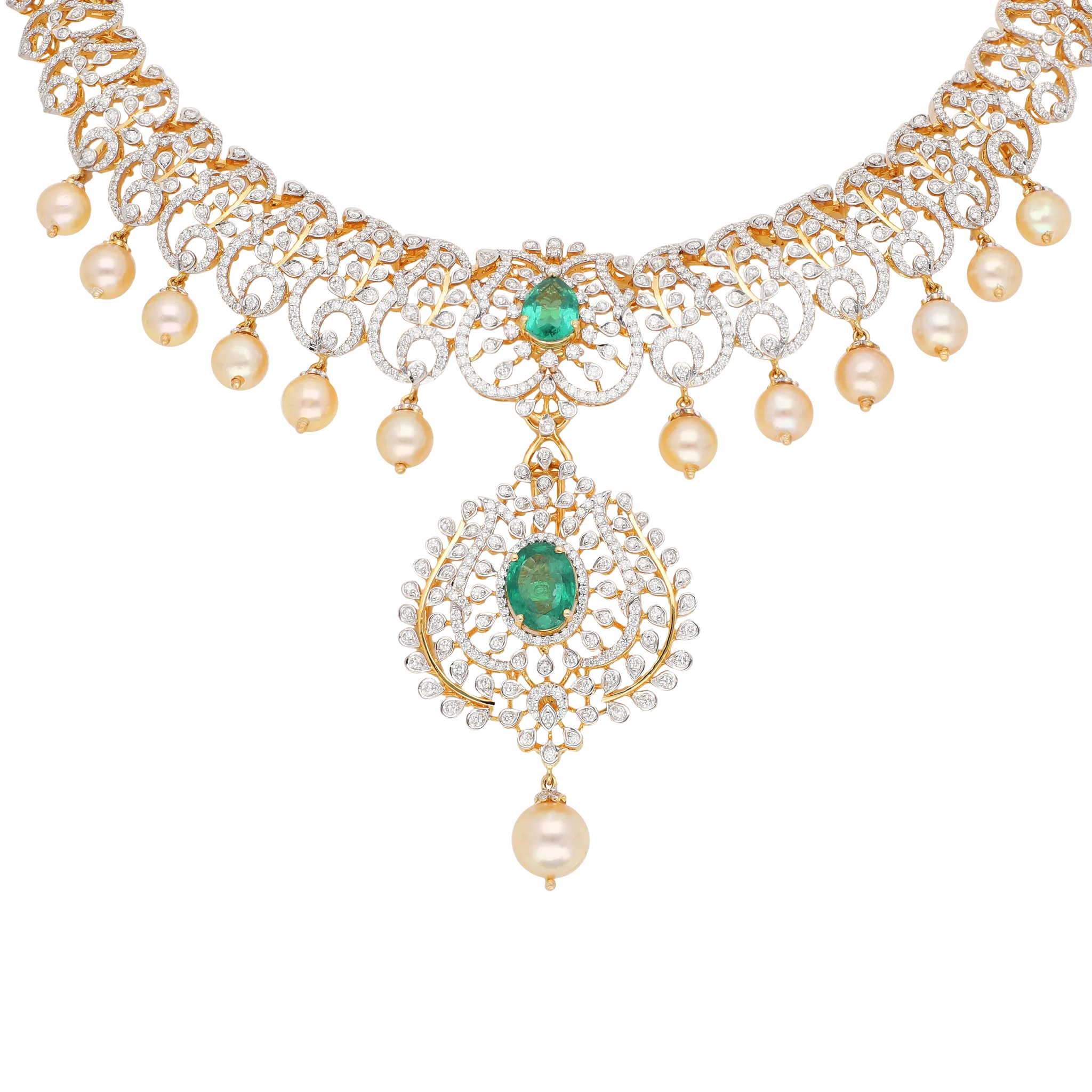 Gold and Diamond Choker Necklace with a Central Emerald Drop and Pearl Drops