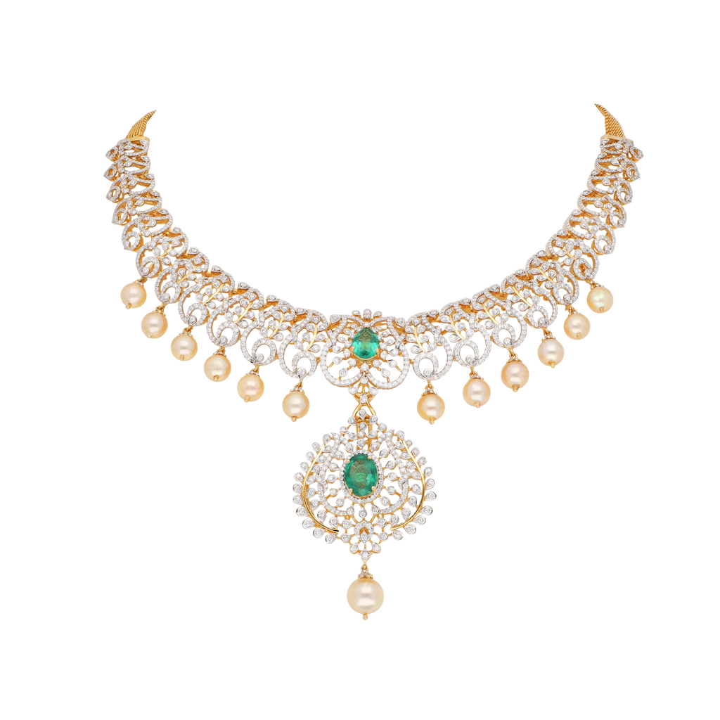 Gold and Diamond Choker Necklace with a Central Emerald Drop and Pearl Drops