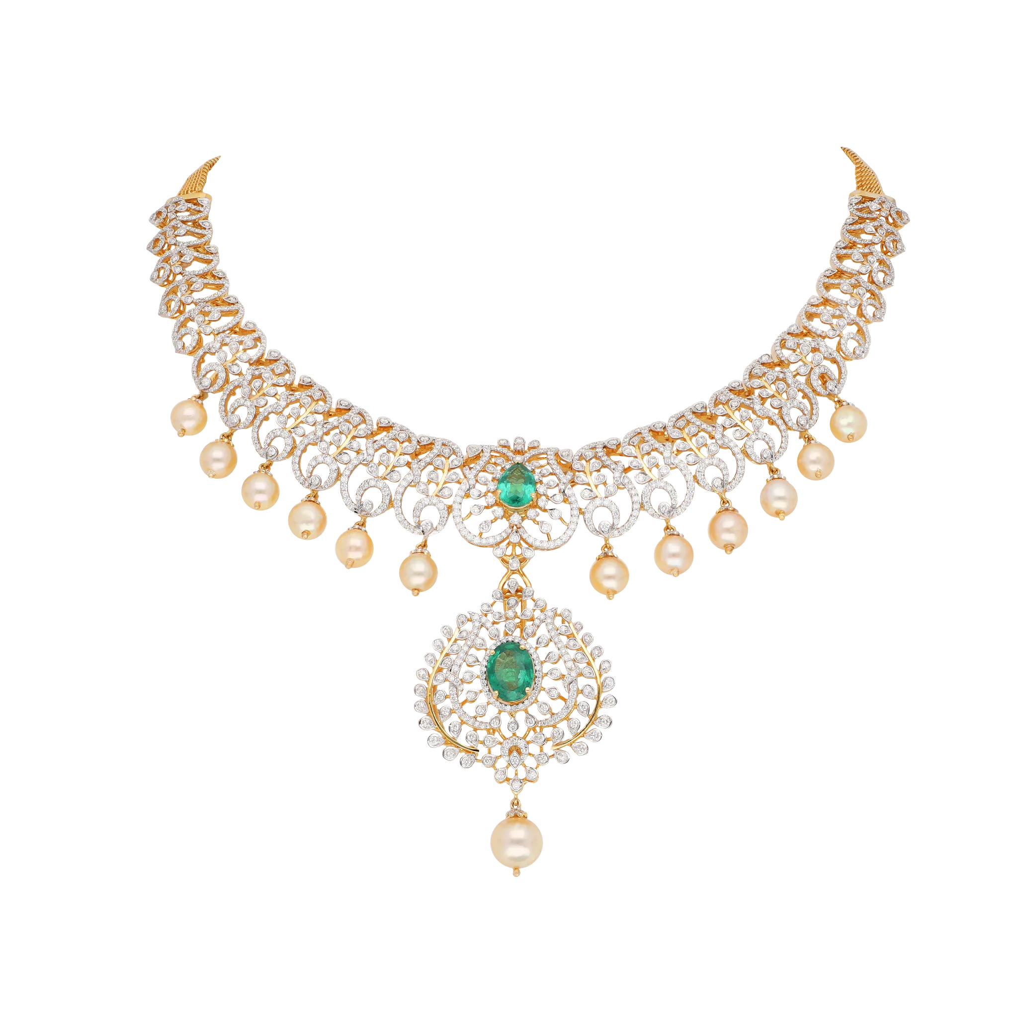 Gold and Diamond Choker Necklace with a Central Emerald Drop and Pearl Drops
