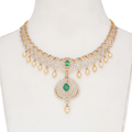 Gold and Diamond Choker Necklace with a Central Emerald Drop and Pearl Drops