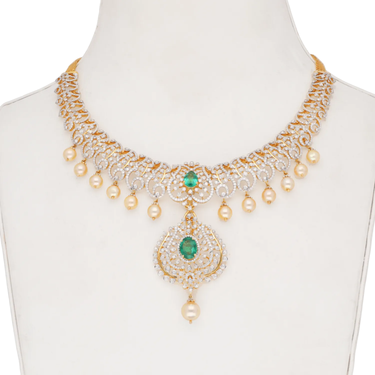 Gold and Diamond Choker Necklace with a Central Emerald Drop and Pearl Drops