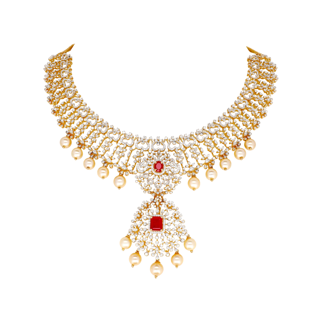 Multi-Tier Pearl Choker with Dual Ruby Pendants and Gold Filigree Panels