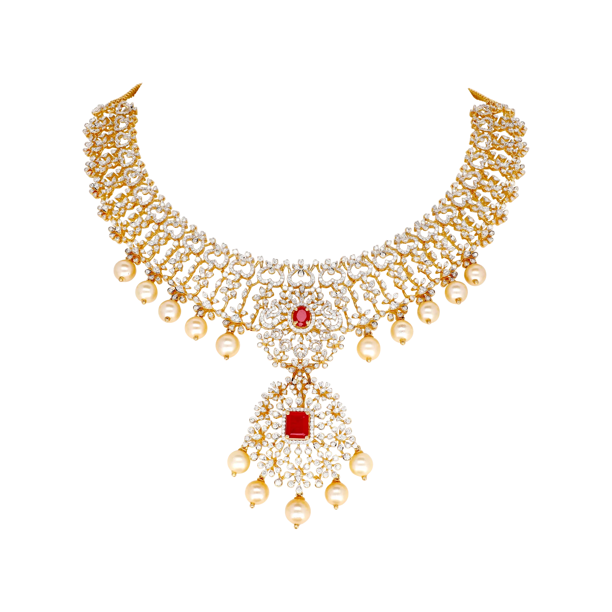 Multi-Tier Pearl Choker with Dual Ruby Pendants and Gold Filigree Panels