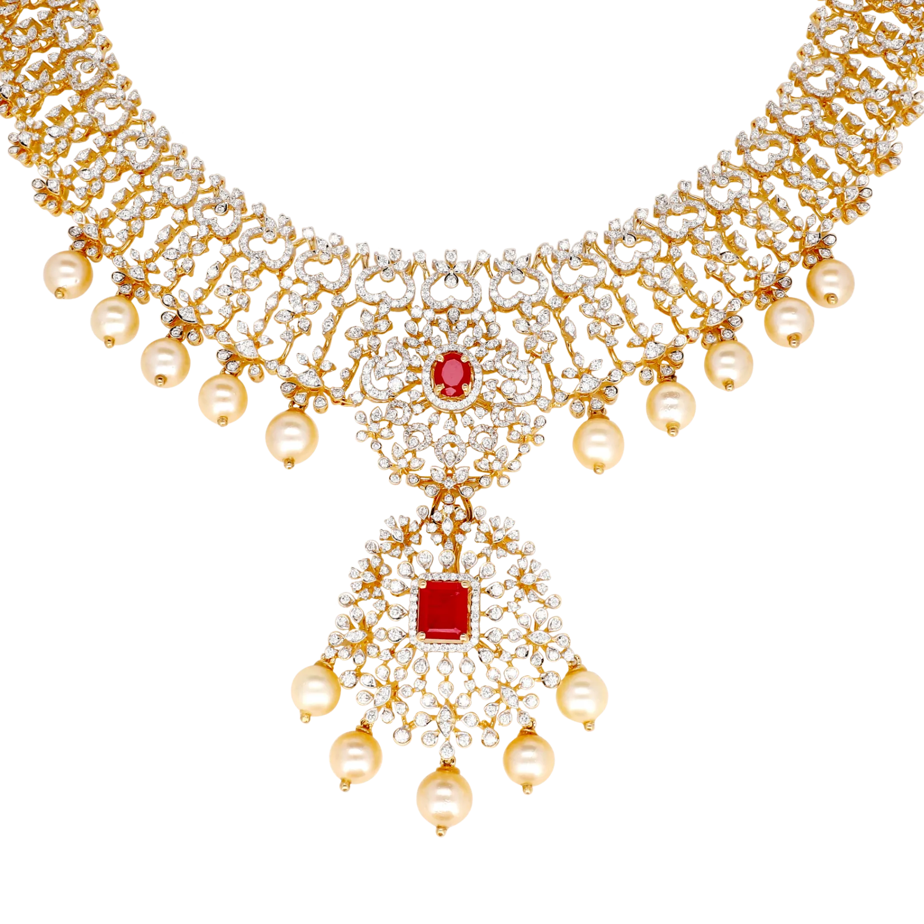 Multi-Tier Pearl Choker with Dual Ruby Pendants and Gold Filigree Panels