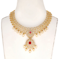 Multi-Tier Pearl Choker with Dual Ruby Pendants and Gold Filigree Panels