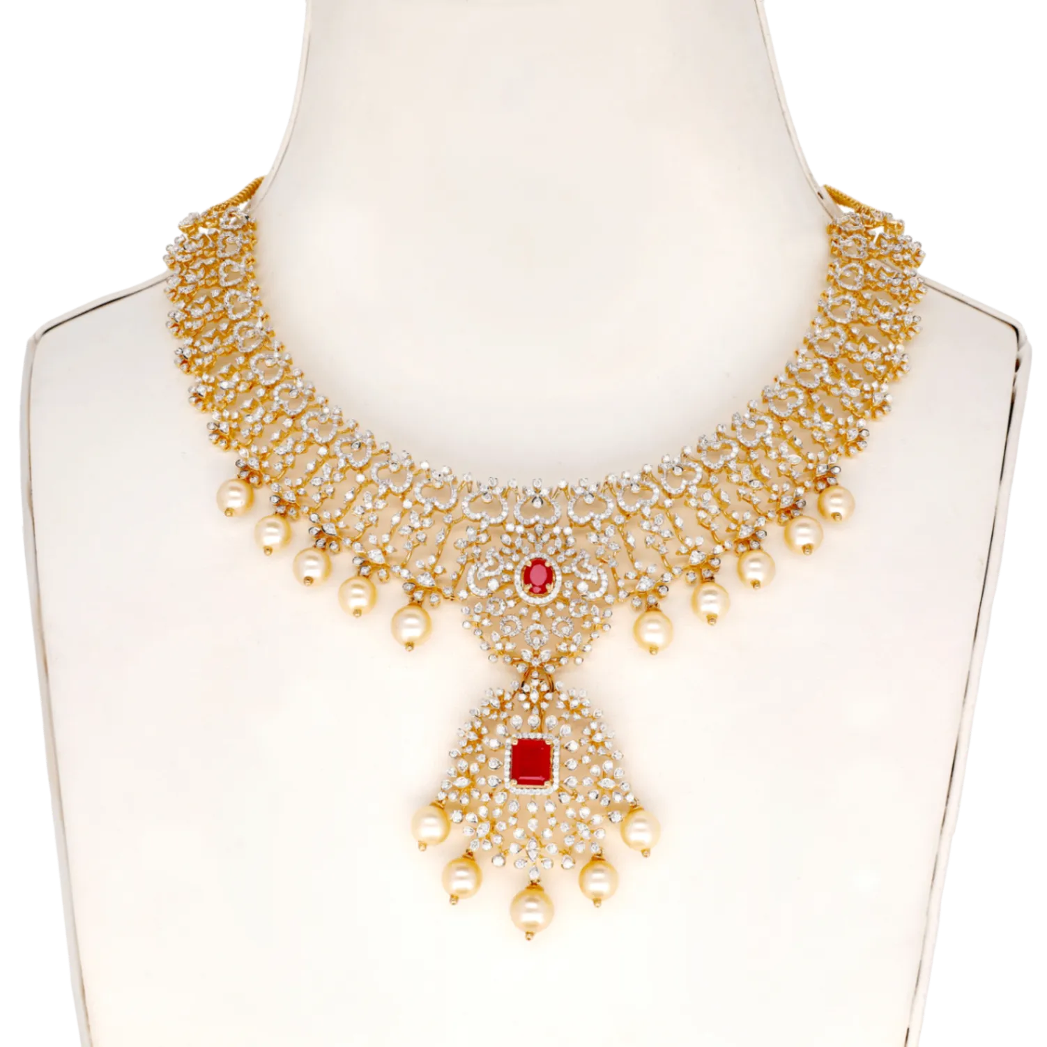 Multi-Tier Pearl Choker with Dual Ruby Pendants and Gold Filigree Panels